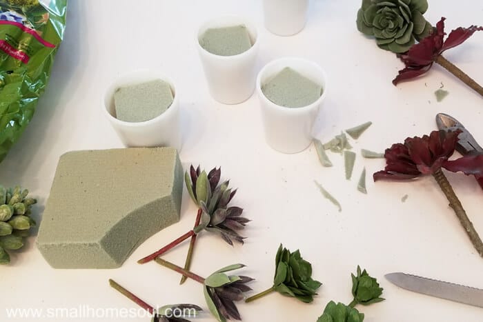 Gather your supplies for the milk glass succulent planter.