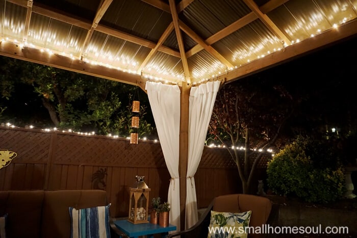 Install christmas lights in your relaxing backyard retreat.