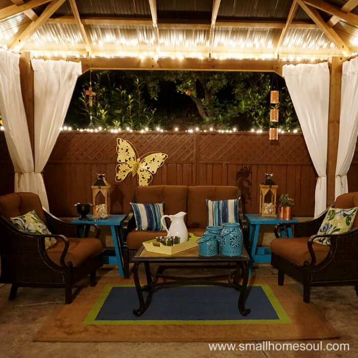 Light up your relaxing backyard retreat with Christmas lights.