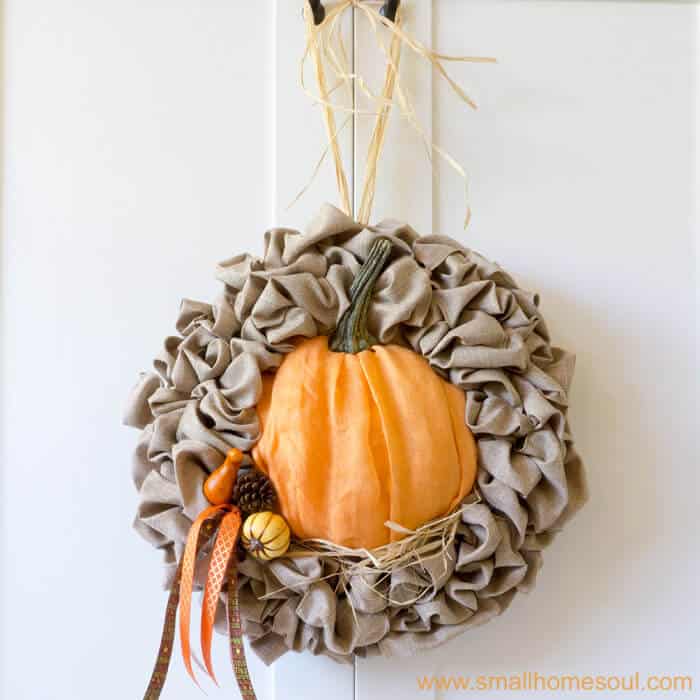 Finished seasonal wreath after Fall decor updates. Fall wreath pumpkin wreath.