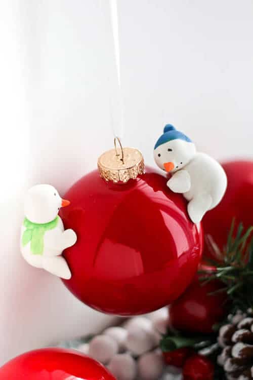 The Savvy Apron's cute snowman on red Christmas decor ornaments.
