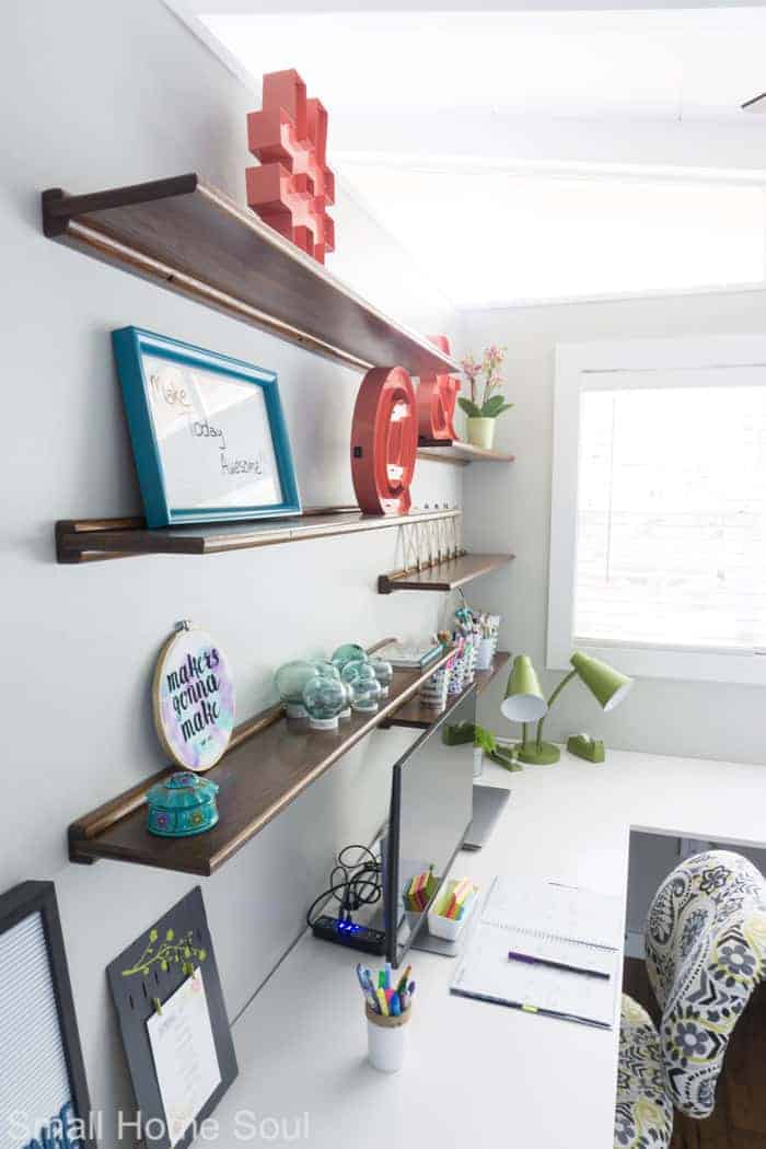 Styled shelves for office makeover.