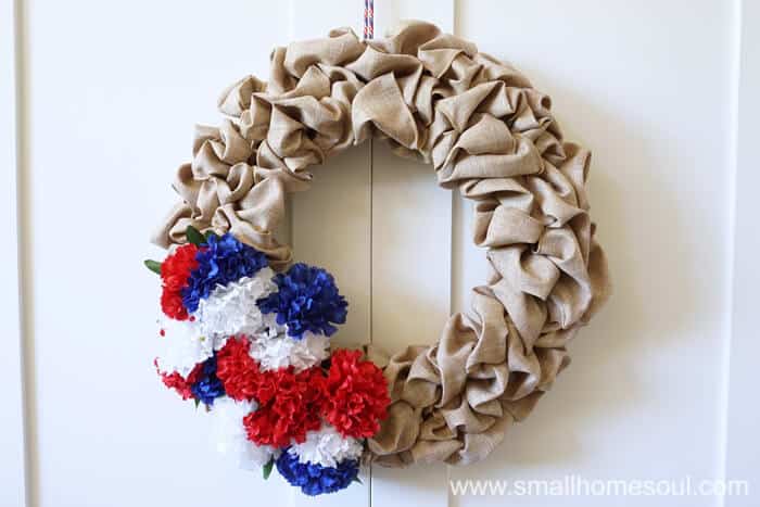 July 4th Wreath hung on a white door, beautiful for 4th of July.